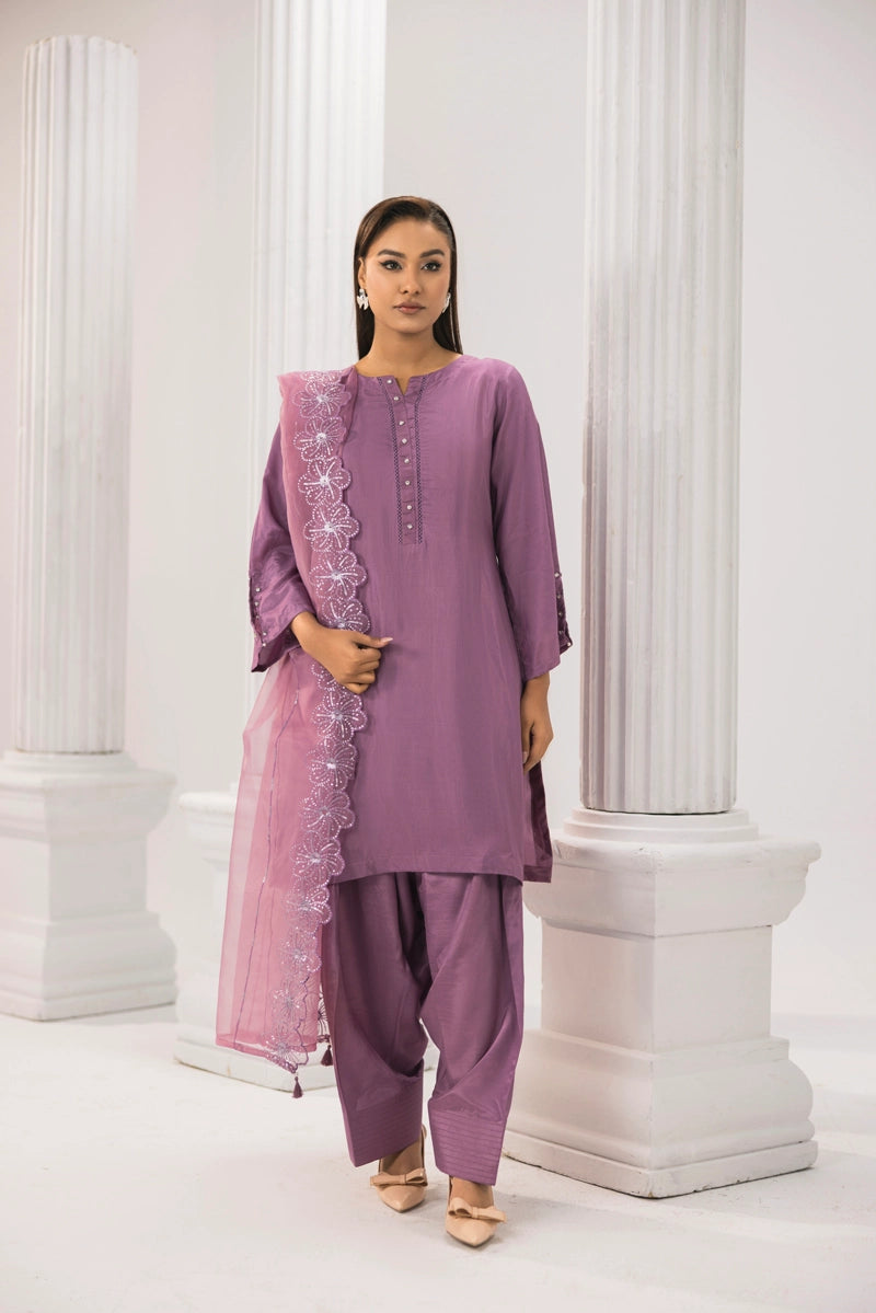 Firdous Eid Silk Pakistani Suit With Farshi Salwar and Embroidered Net Dupatta