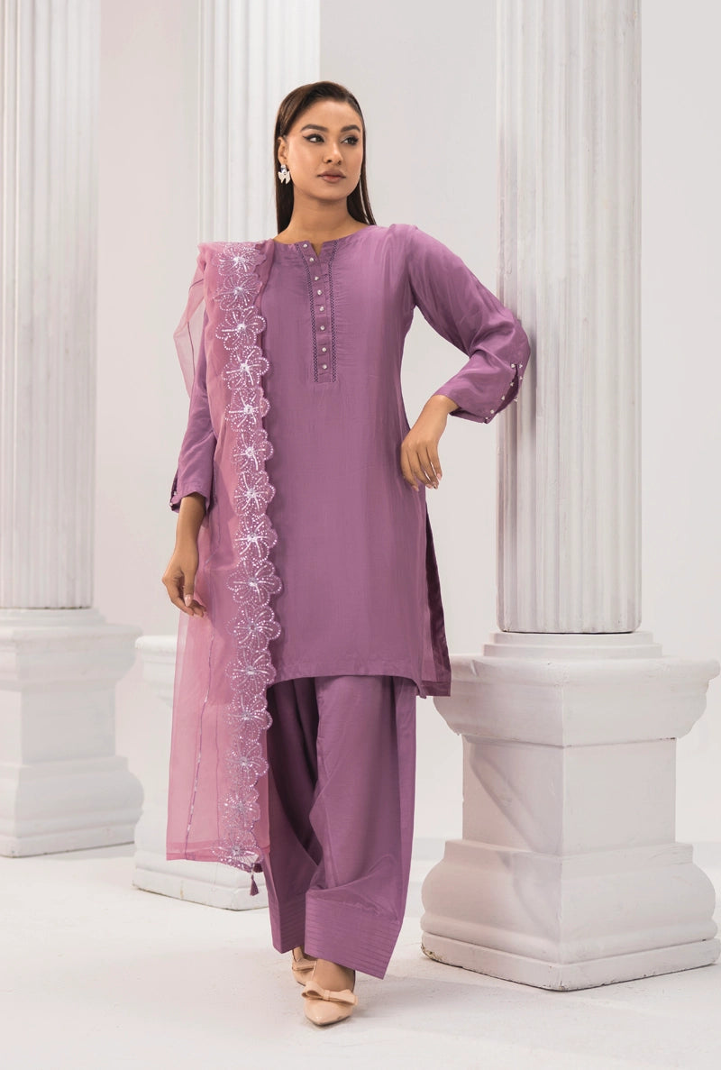 Firdous Eid Silk Pakistani Suit With Farshi Salwar and Embroidered Net Dupatta