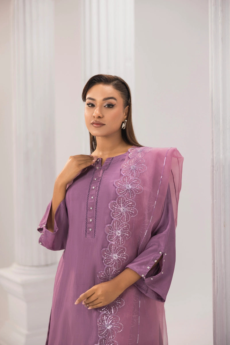 Firdous Eid Silk Pakistani Suit With Farshi Salwar and Embroidered Net Dupatta