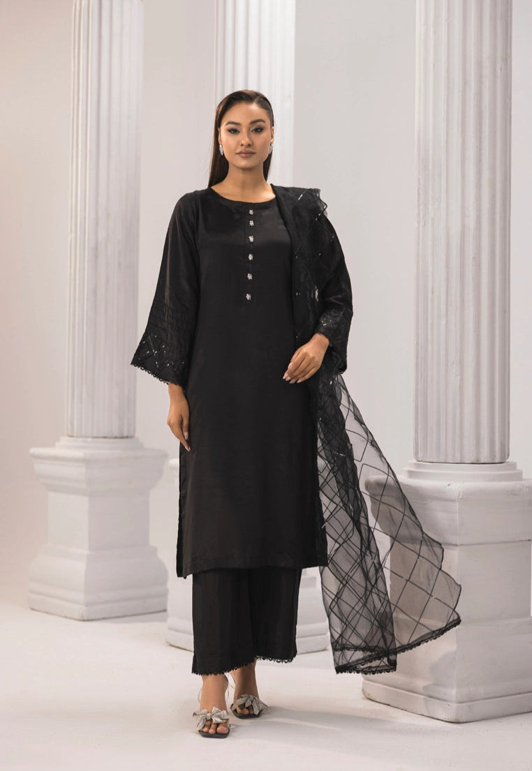 Firdous Eid Silk Pakistani Suit With Palazzo Trousers and Embroidered Net Dupatta