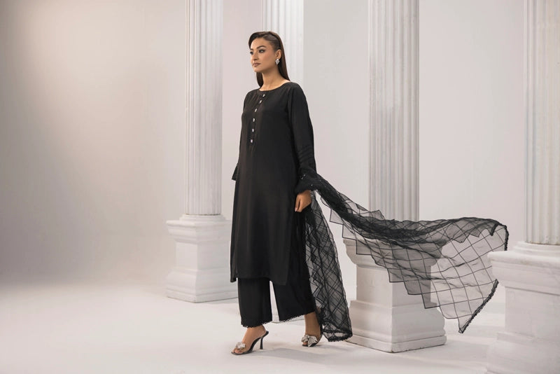 Firdous Eid Silk Pakistani Suit With Palazzo Trousers and Embroidered Net Dupatta