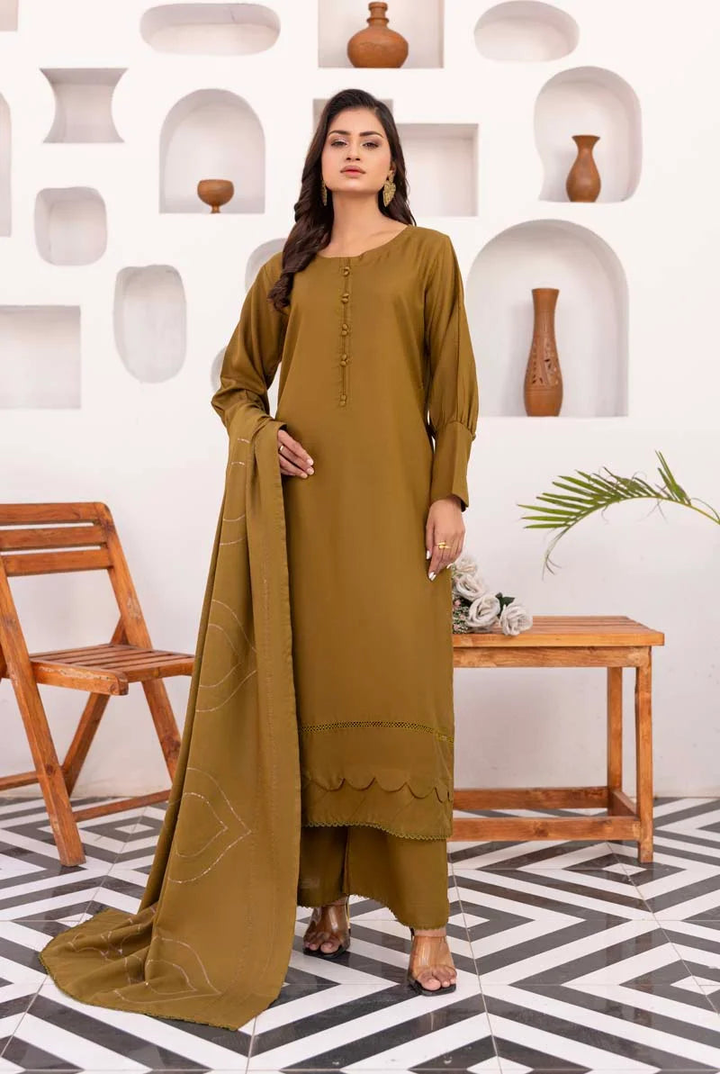 Suffuse 3 Piece Dhanak Linen Suit with Embroidered Shawl DG36