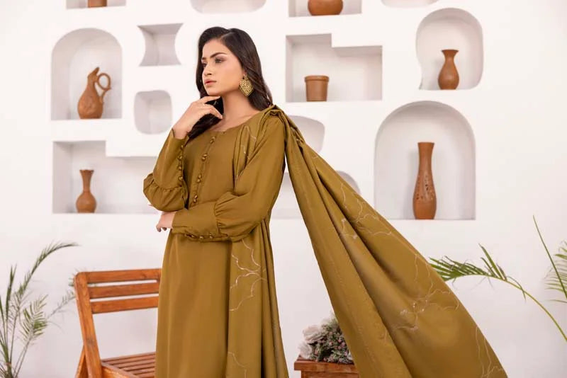 Suffuse 3 Piece Dhanak Linen Suit with Embroidered Shawl DG36