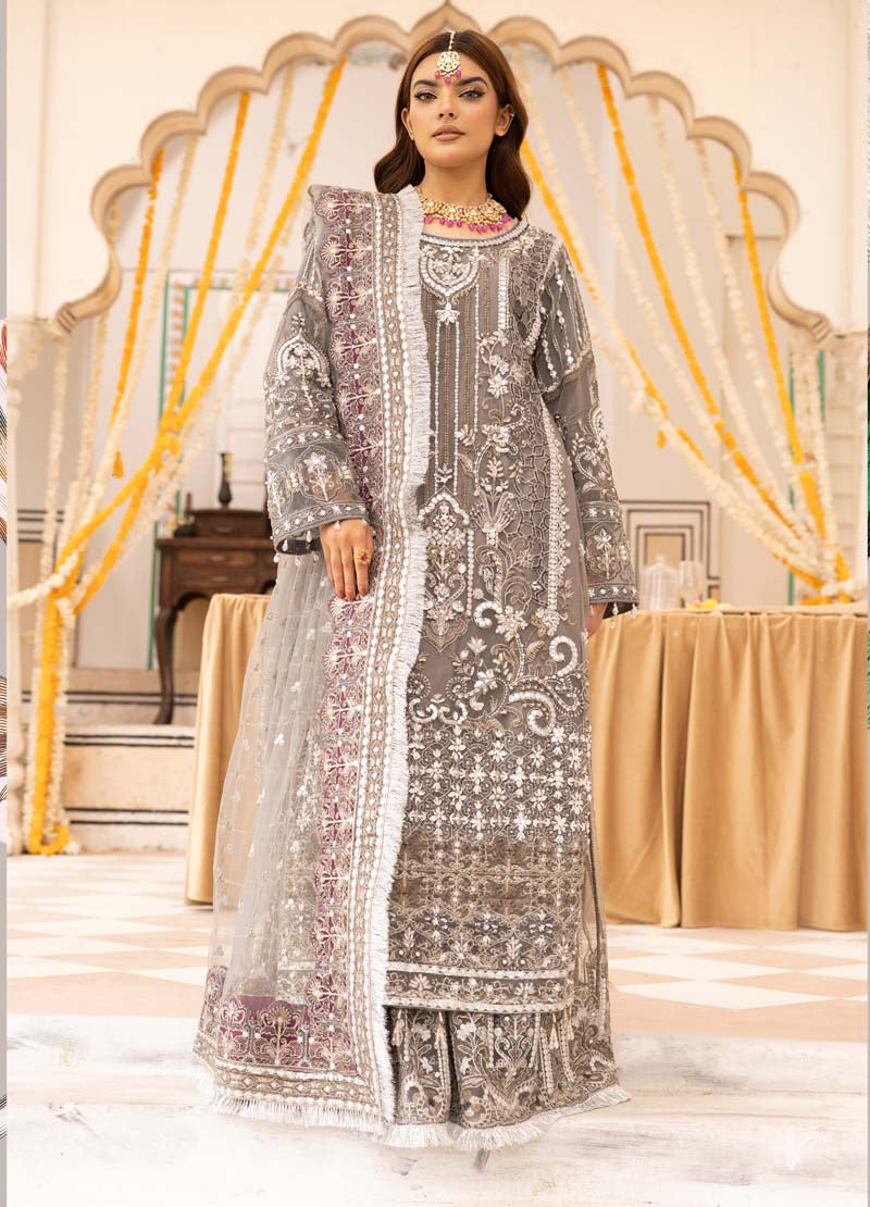 Imrozia Premium Inspired Embroidered Grey 3 Piece Wedding Sharara Outfit