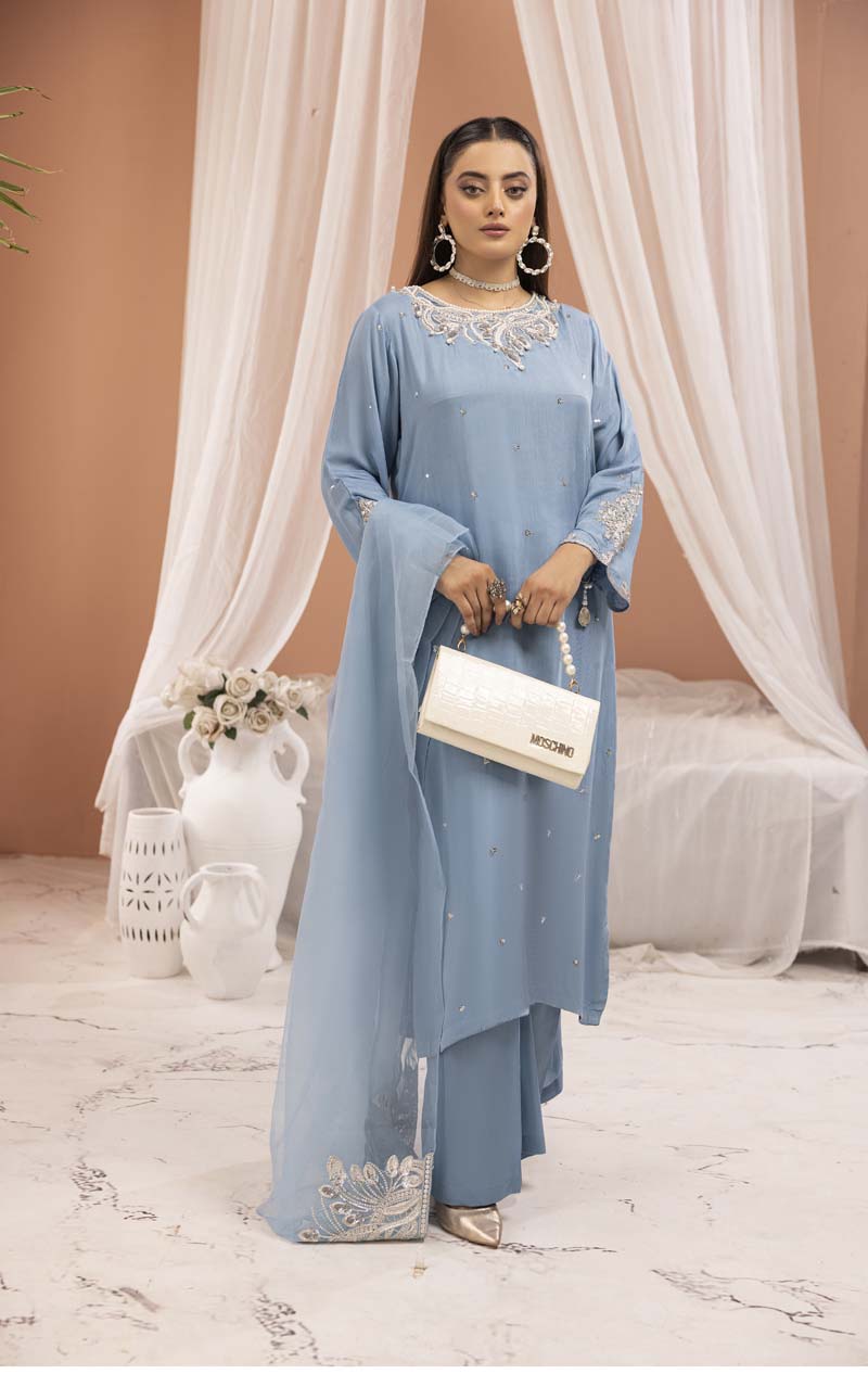 Manzil 3 Piece Viscose Outfit With Embroidered Net Dupatta Blue