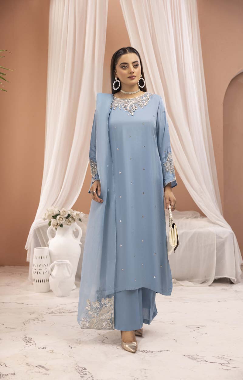 Manzil 3 Piece Viscose Outfit With Embroidered Net Dupatta Blue