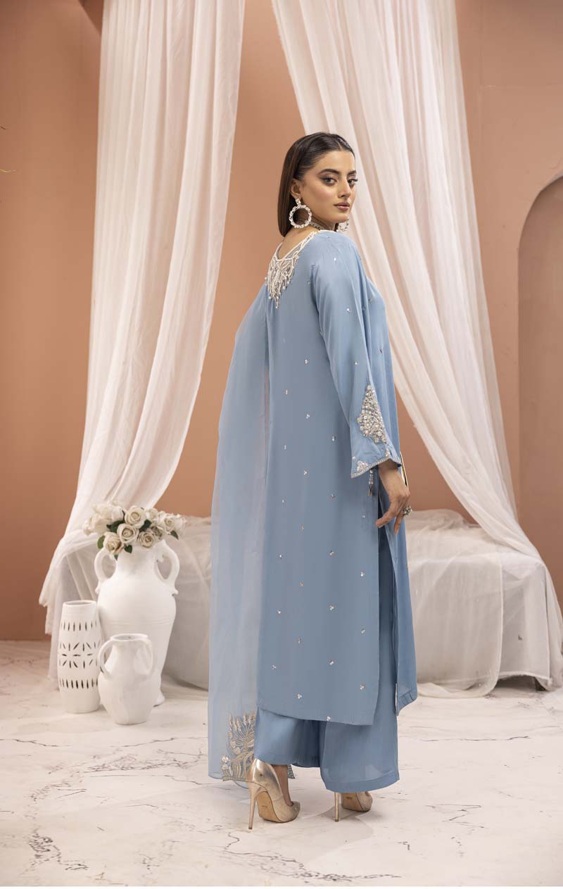 Manzil 3 Piece Viscose Outfit With Embroidered Net Dupatta Blue