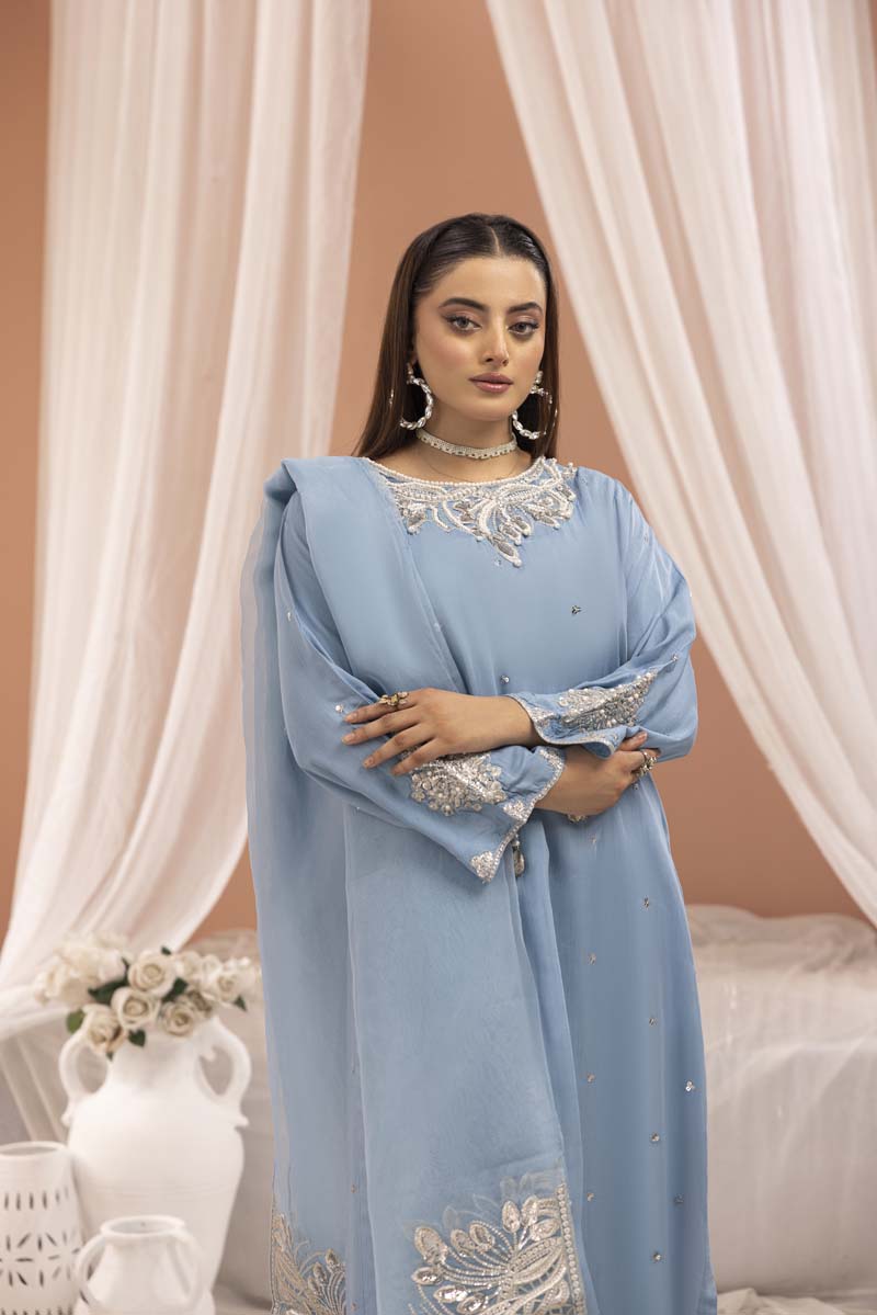 Manzil 3 Piece Viscose Outfit With Embroidered Net Dupatta Blue