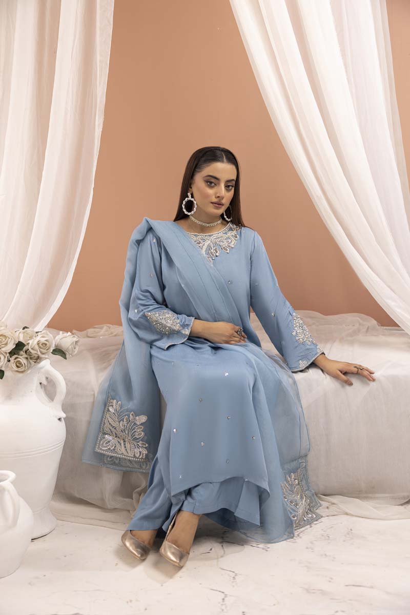 Manzil 3 Piece Viscose Outfit With Embroidered Net Dupatta Blue