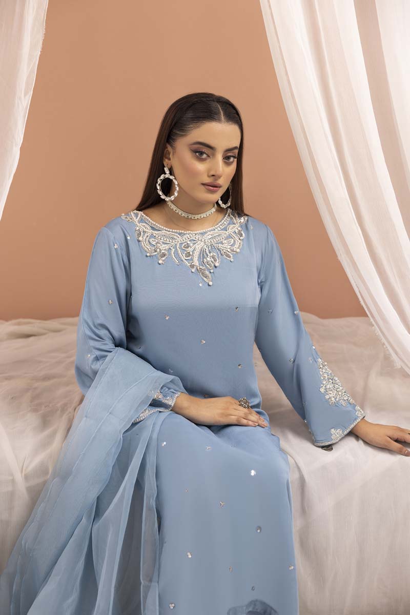 Manzil 3 Piece Viscose Outfit With Embroidered Net Dupatta Blue