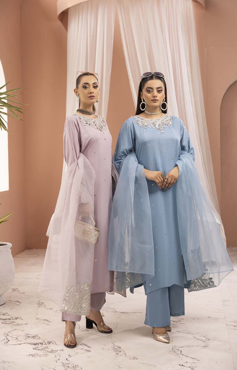 Manzil 3 Piece Viscose Outfit With Embroidered Net Dupatta Blue