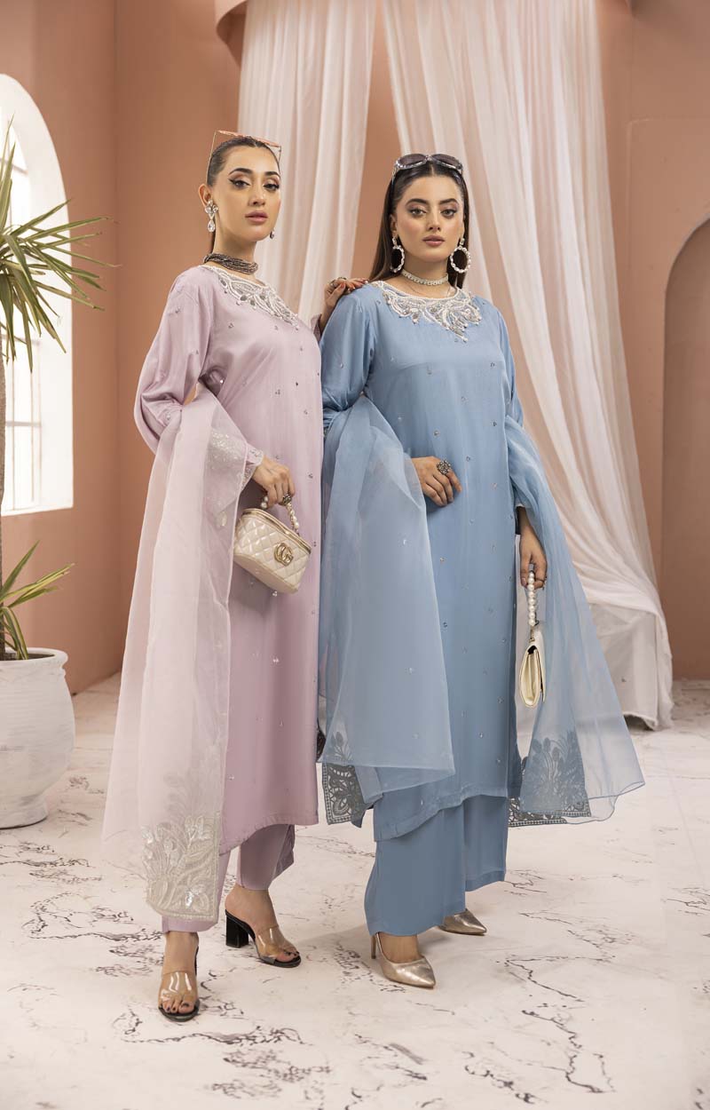 Manzil 3 Piece Viscose Outfit With Embroidered Net Dupatta Blue