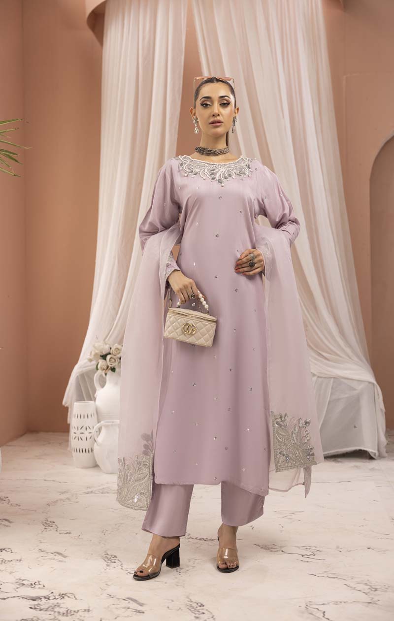 Manzil 3 Piece Viscose Outfit With Embroidered Net Dupatta Lilac