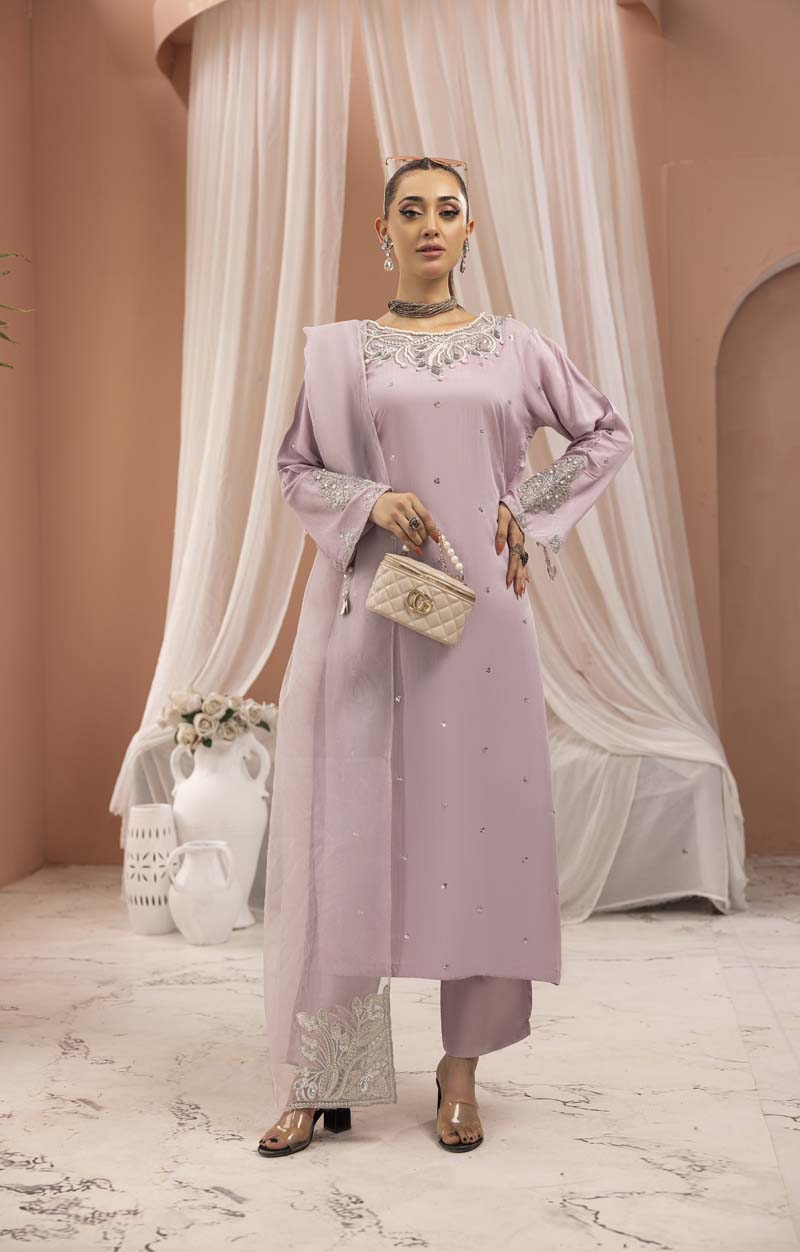 Manzil 3 Piece Viscose Outfit With Embroidered Net Dupatta Lilac