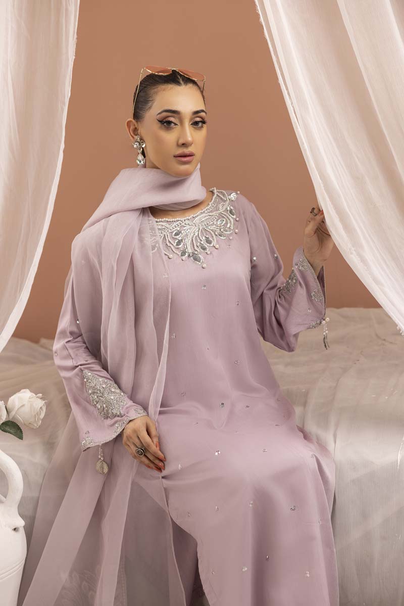 Manzil 3 Piece Viscose Outfit With Embroidered Net Dupatta Lilac