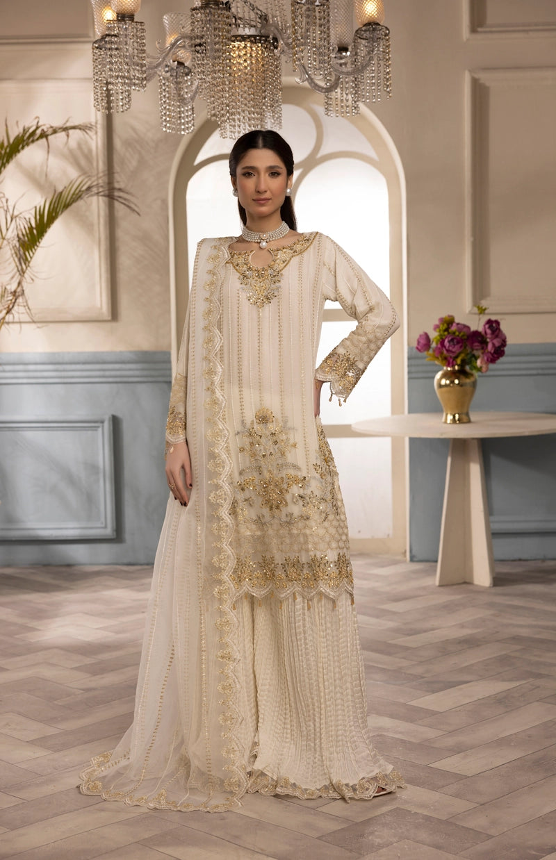 Shah Jahan Embroidered 3 Piece Wedding Sharara Outfit SJ24009 Cream