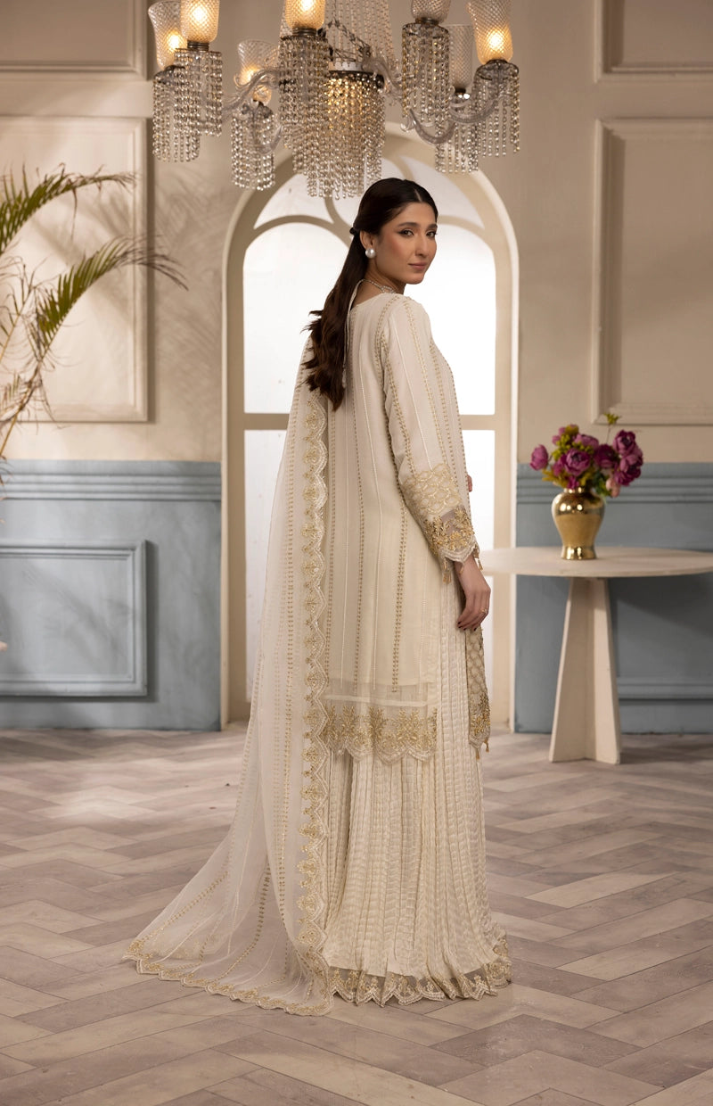 Shah Jahan Embroidered 3 Piece Wedding Sharara Outfit SJ24009 Cream