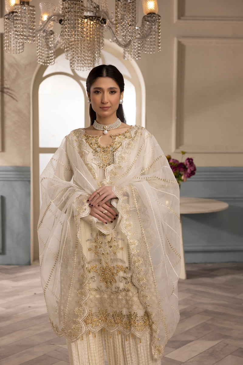 Shah Jahan Embroidered 3 Piece Wedding Sharara Outfit SJ24009 Cream