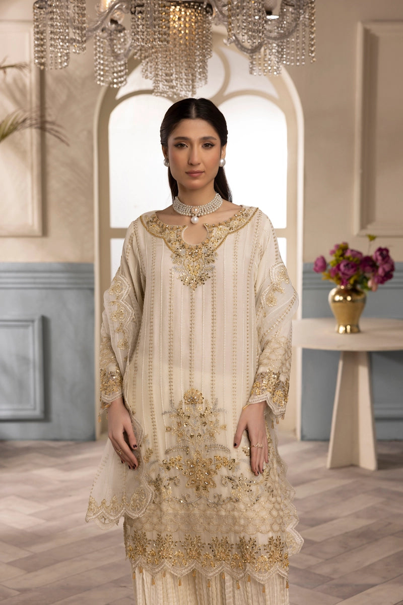 Shah Jahan Embroidered 3 Piece Wedding Sharara Outfit SJ24009 Cream