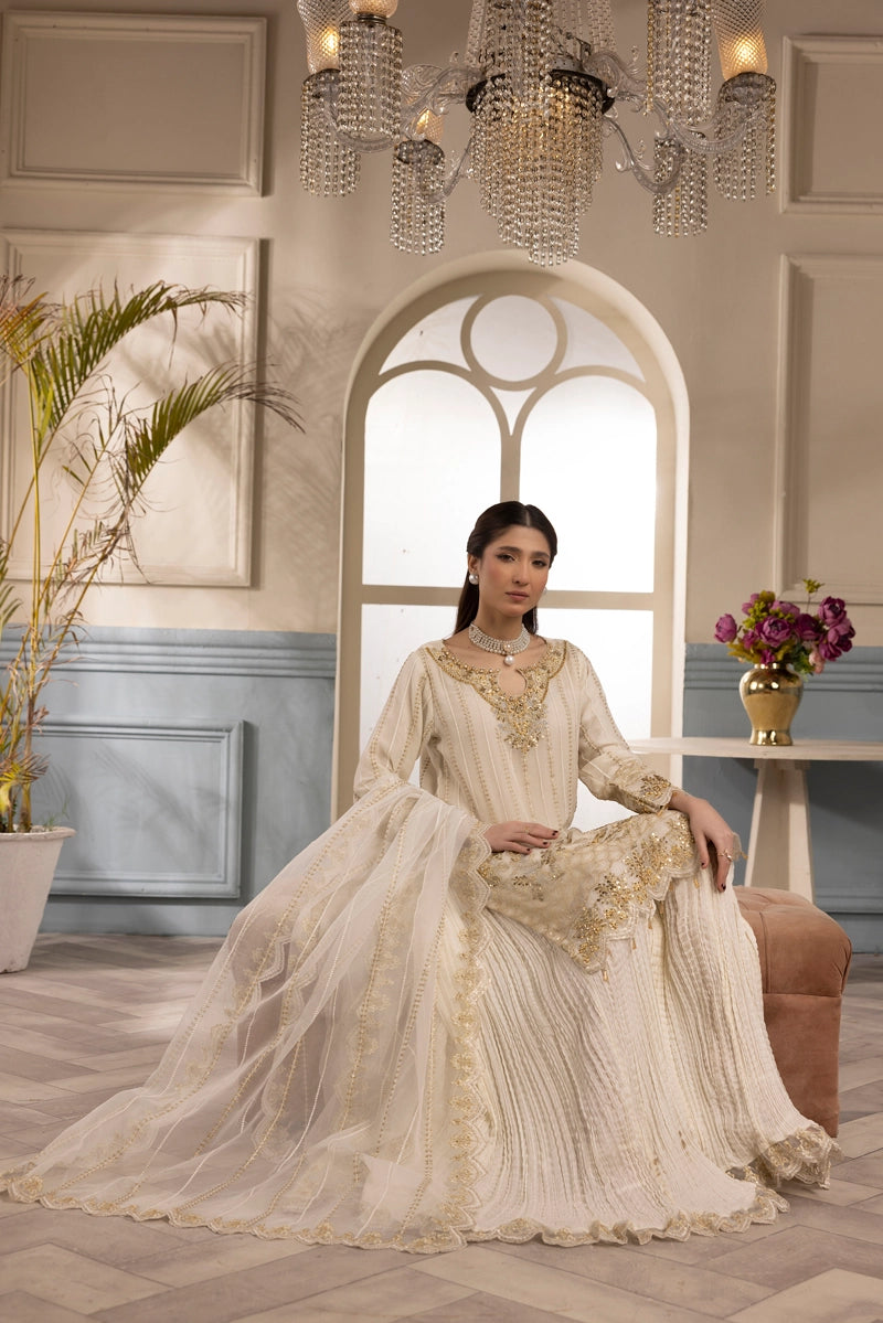 Shah Jahan Embroidered 3 Piece Wedding Sharara Outfit SJ24009 Cream