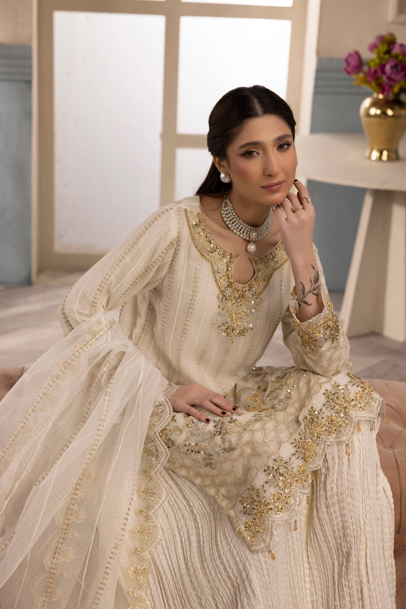 Shah Jahan Embroidered 3 Piece Wedding Sharara Outfit SJ24009 Cream