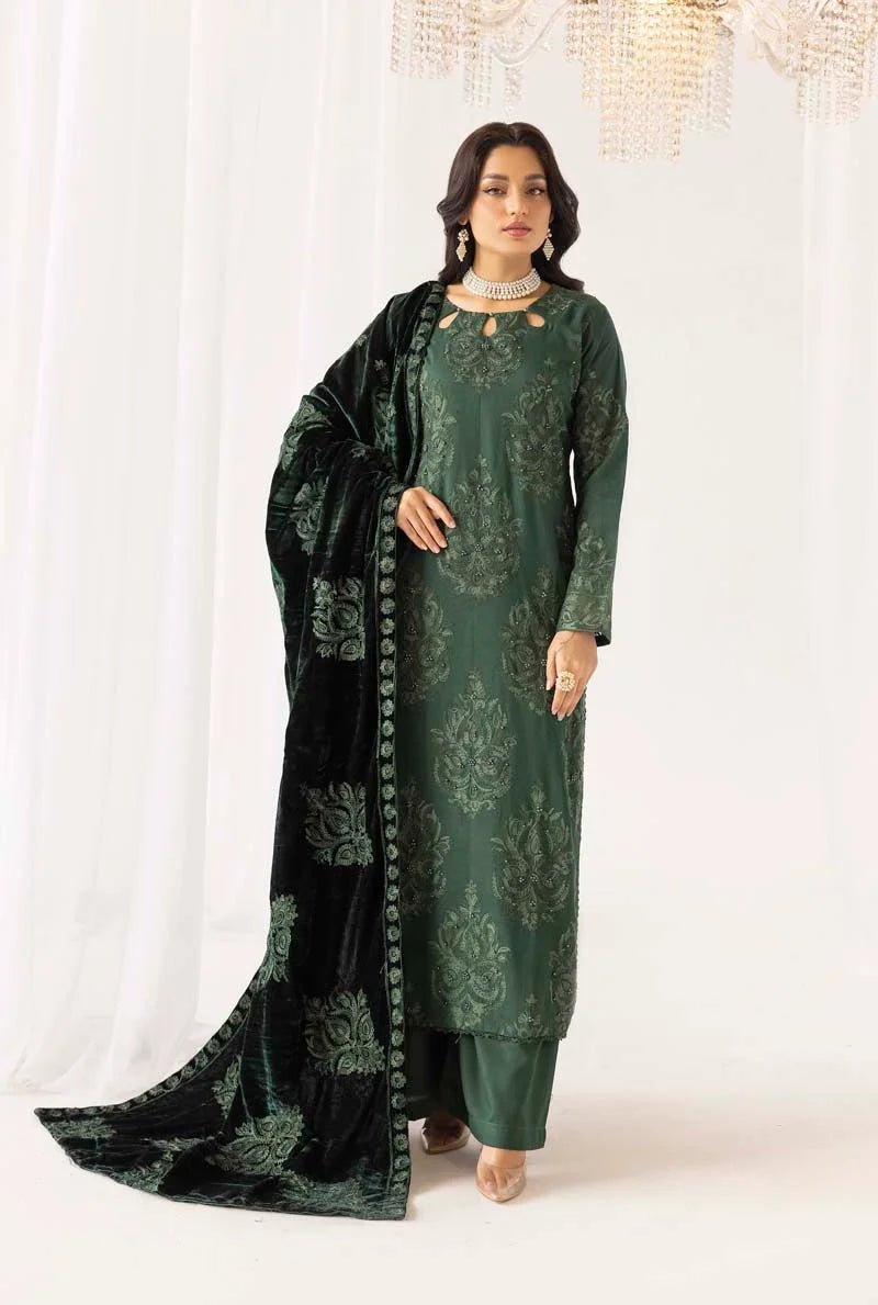 Fushiya Dhanak 3 Piece Green Suit with Embroidered Velvet Shawl