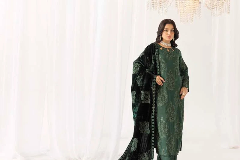 Fushiya Dhanak 3 Piece Green Suit with Embroidered Velvet Shawl