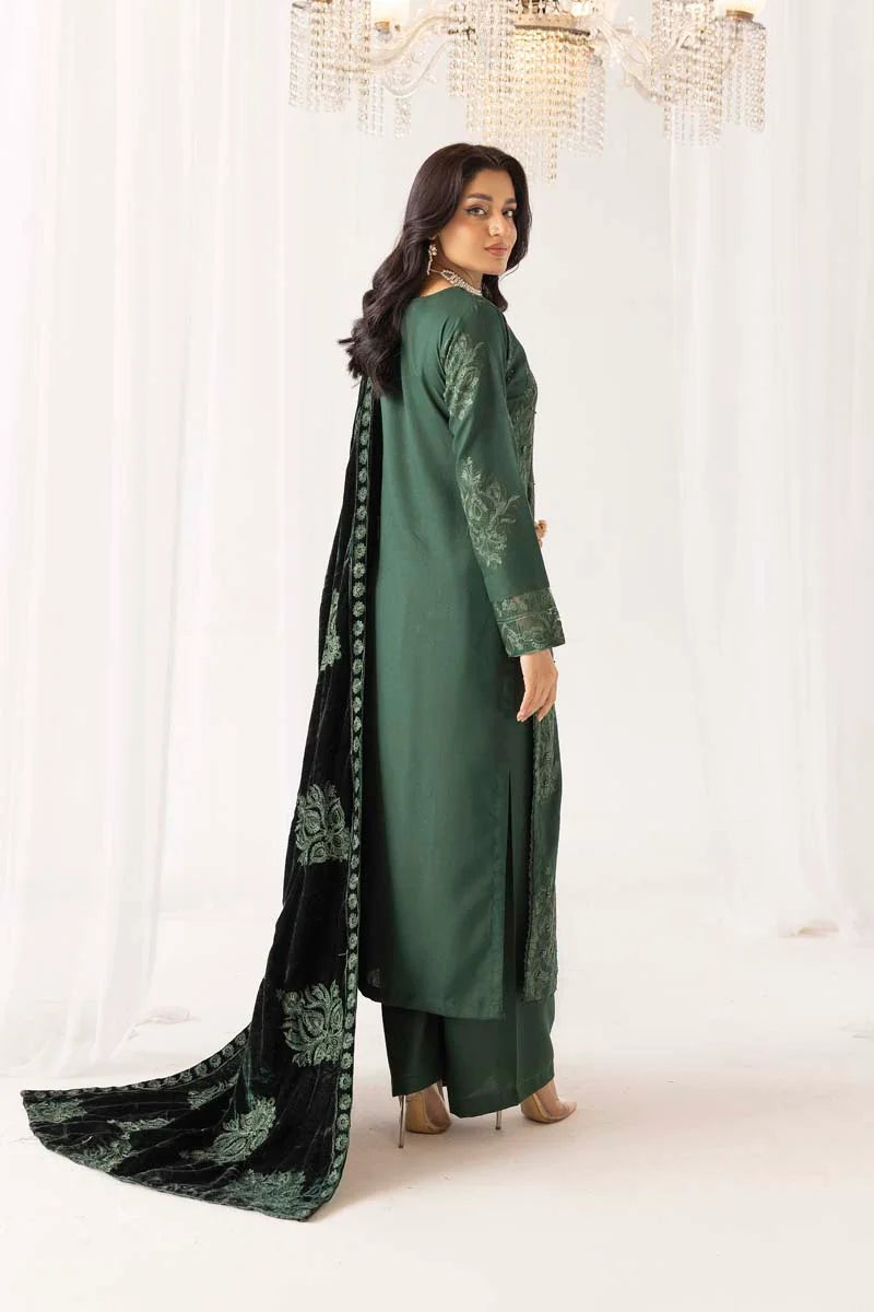 Fushiya Dhanak 3 Piece Green Suit with Embroidered Velvet Shawl