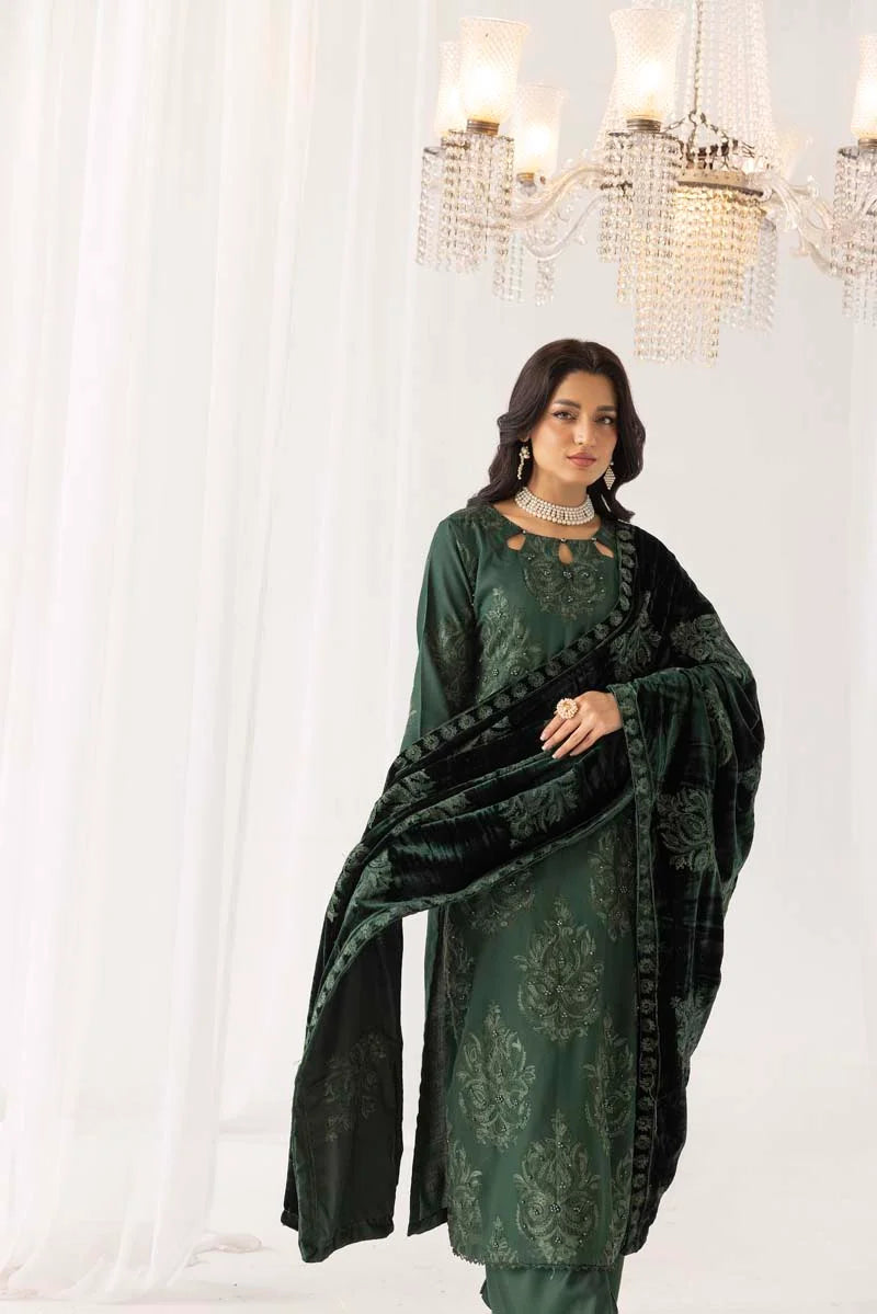 Fushiya Dhanak 3 Piece Green Suit with Embroidered Velvet Shawl