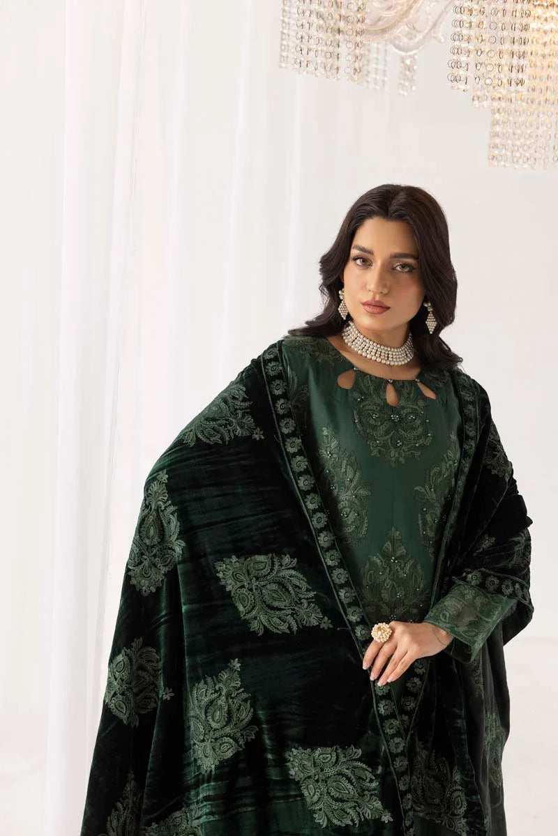 Fushiya Dhanak 3 Piece Green Suit with Embroidered Velvet Shawl