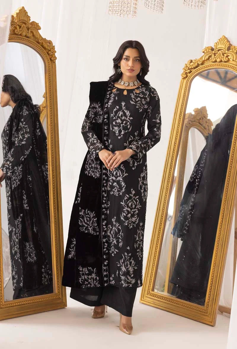 Fushiya Dhanak 3 Piece Black Suit with Embroidered Velvet Shawl