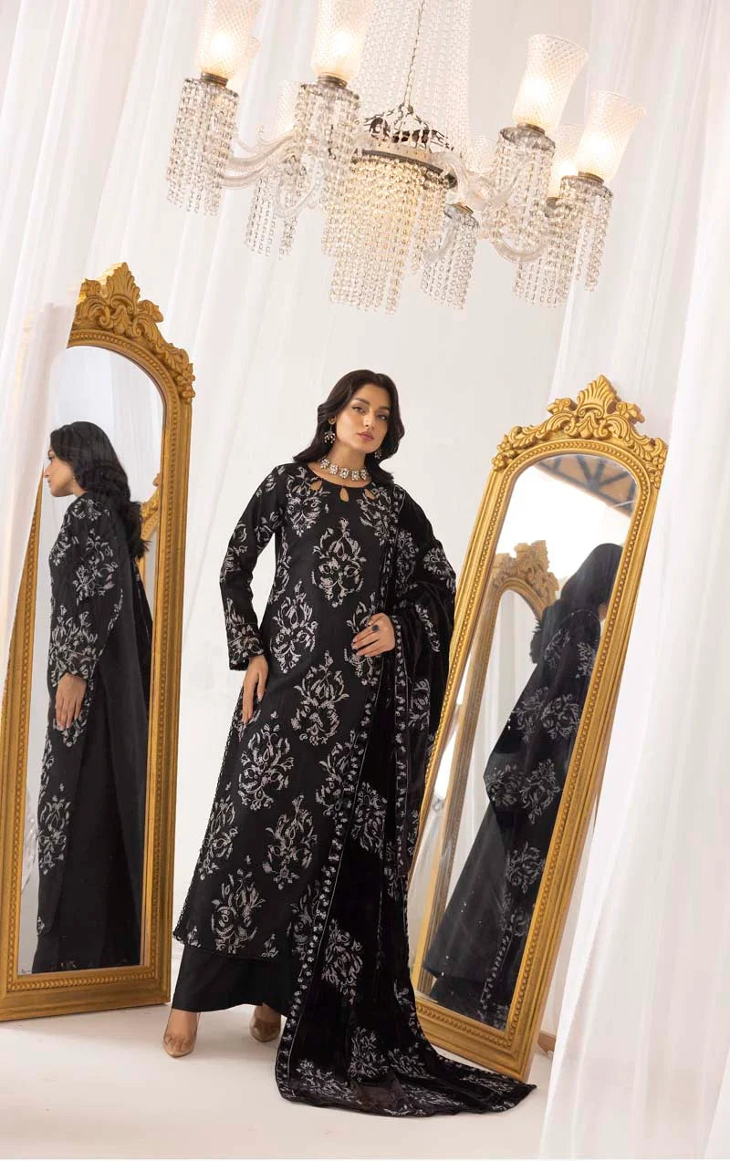 Fushiya Dhanak 3 Piece Black Suit with Embroidered Velvet Shawl