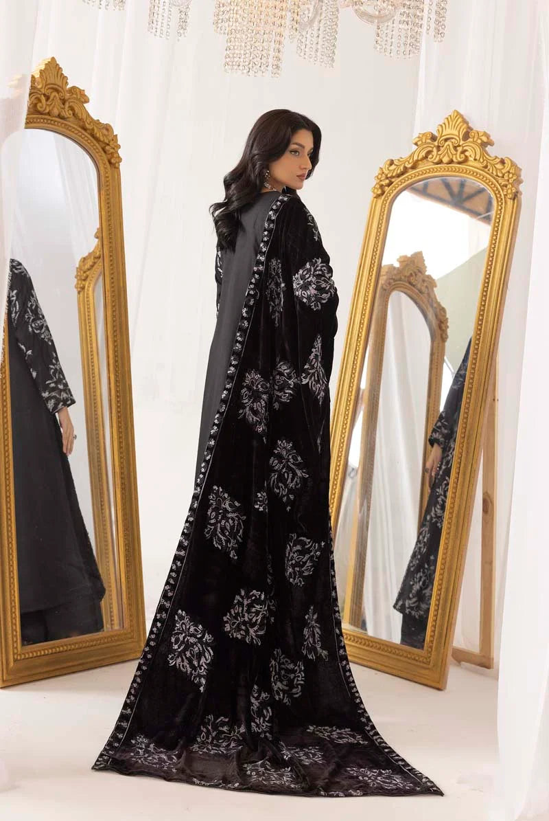 Fushiya Dhanak 3 Piece Black Suit with Embroidered Velvet Shawl