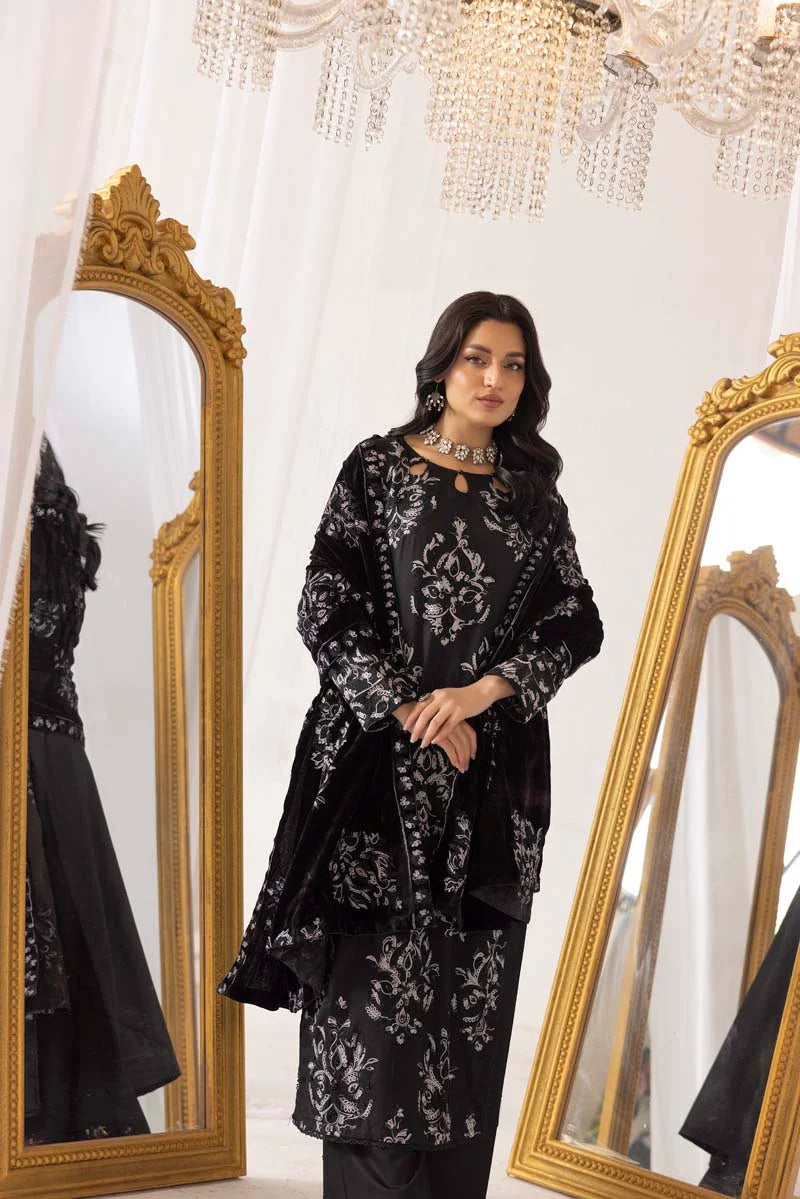 Fushiya Dhanak 3 Piece Black Suit with Embroidered Velvet Shawl