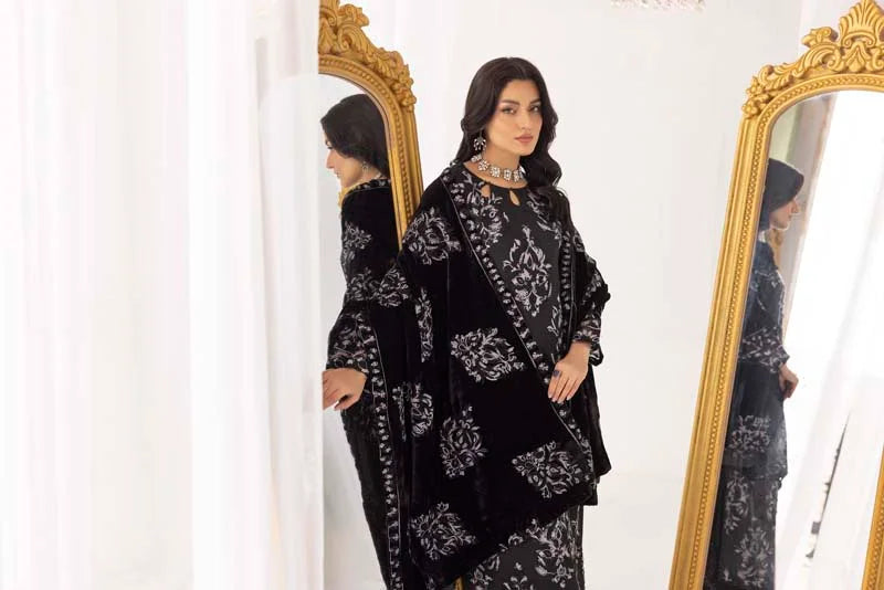 Fushiya Dhanak 3 Piece Black Suit with Embroidered Velvet Shawl