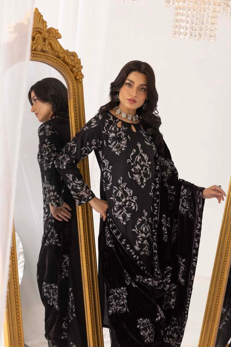 Fushiya Dhanak 3 Piece Black Suit with Embroidered Velvet Shawl