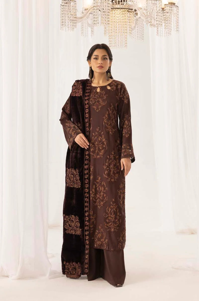 Fushiya Dhanak 3 Piece Brown Suit with Embroidered Velvet Shawl