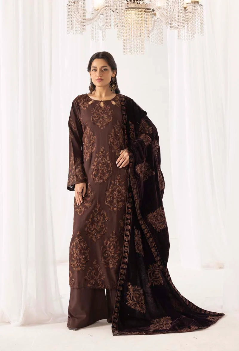 Fushiya Dhanak 3 Piece Brown Suit with Embroidered Velvet Shawl