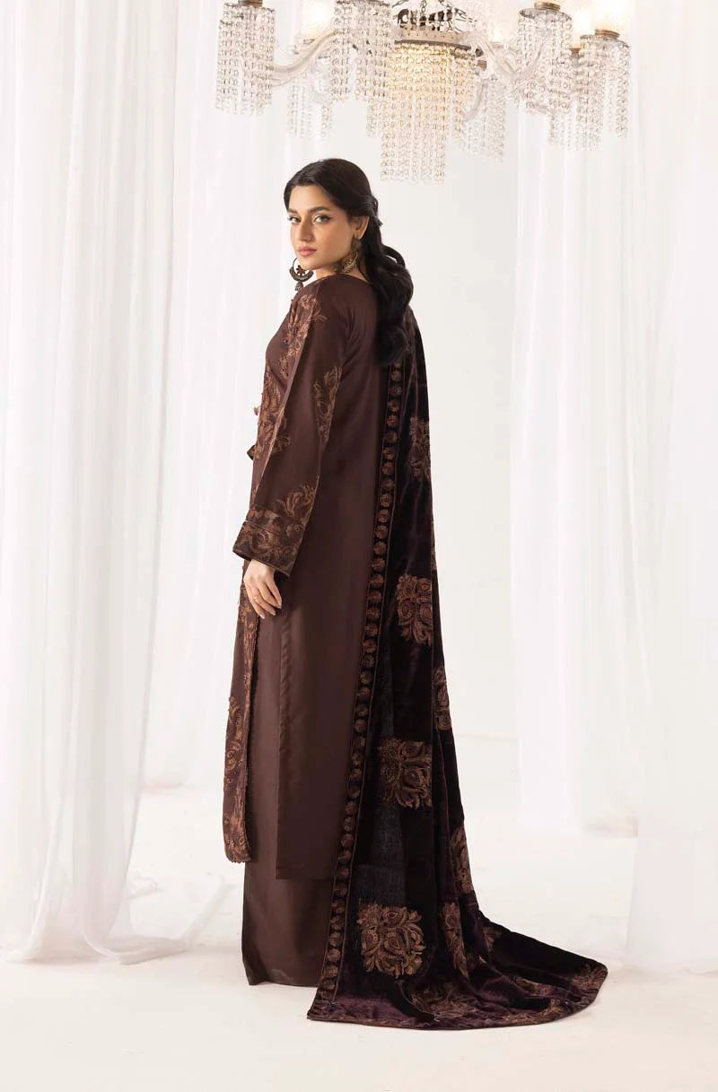 Fushiya Dhanak 3 Piece Brown Suit with Embroidered Velvet Shawl