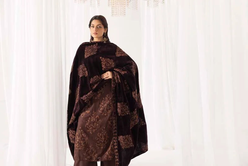 Fushiya Dhanak 3 Piece Brown Suit with Embroidered Velvet Shawl