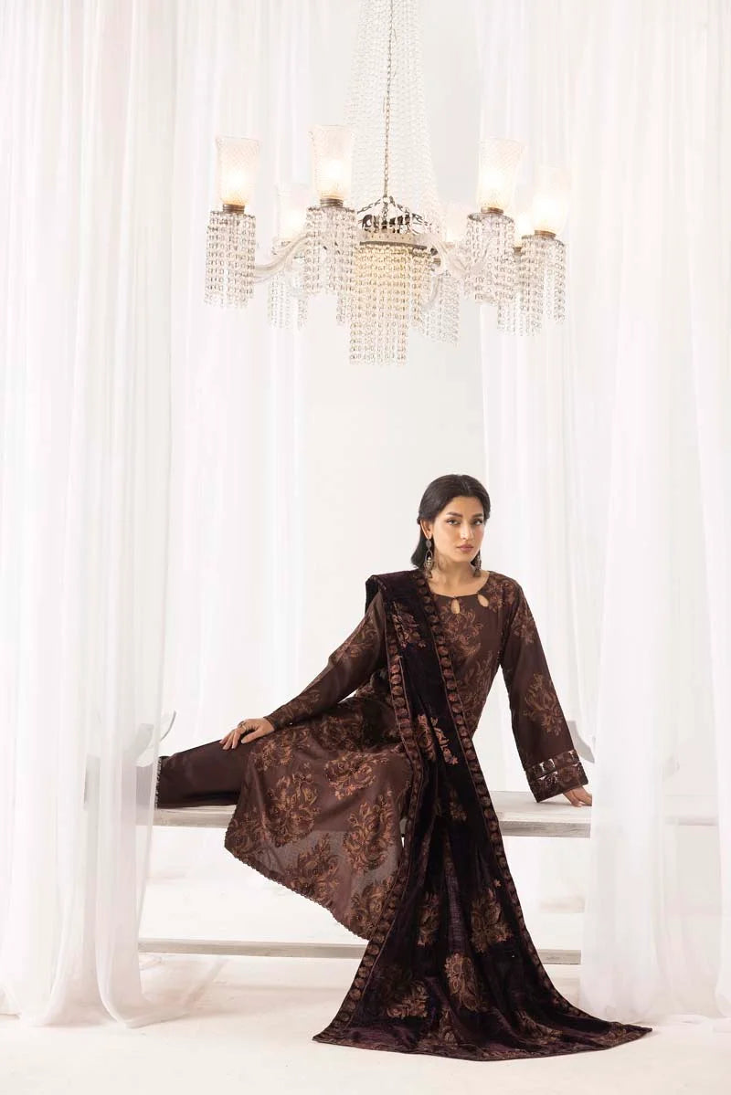 Fushiya Dhanak 3 Piece Brown Suit with Embroidered Velvet Shawl