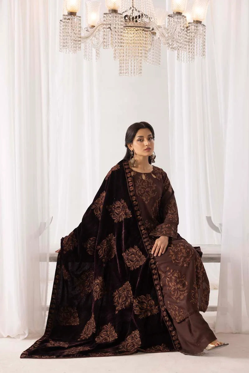 Fushiya Dhanak 3 Piece Brown Suit with Embroidered Velvet Shawl