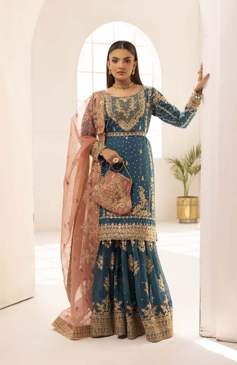 Haris Shakeel Inspired Fully Embroidered 3 Piece Gharara Outfit