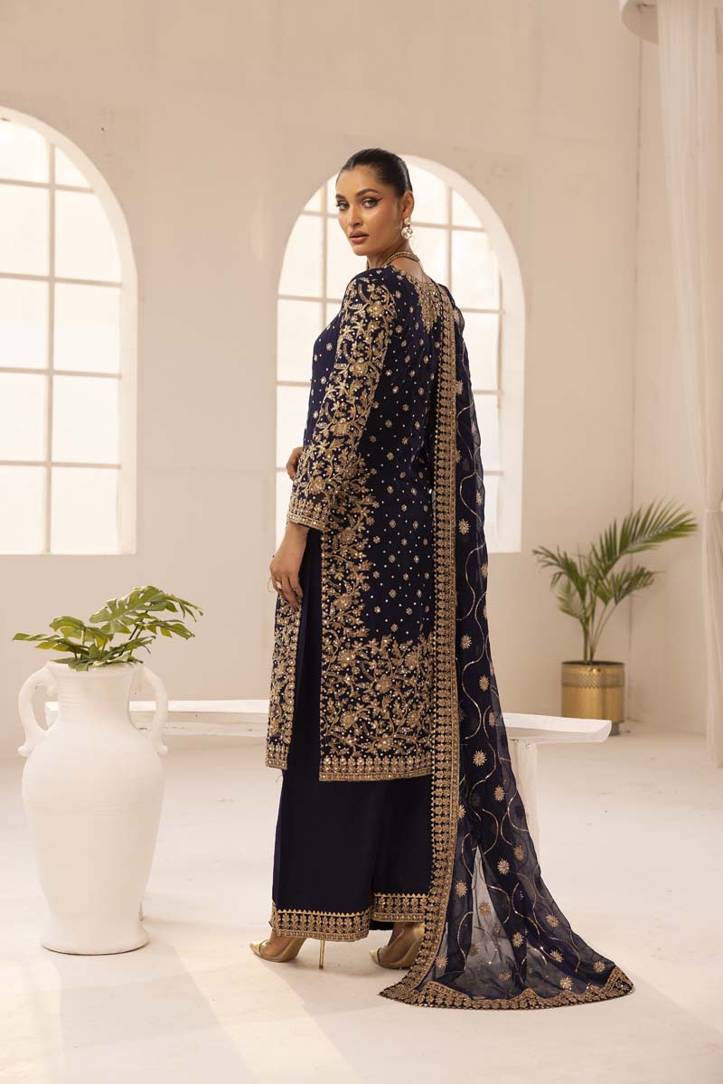 Haris Shakeel Inspired Fully Embroidered Navy 3 Piece Palazzo Outfit