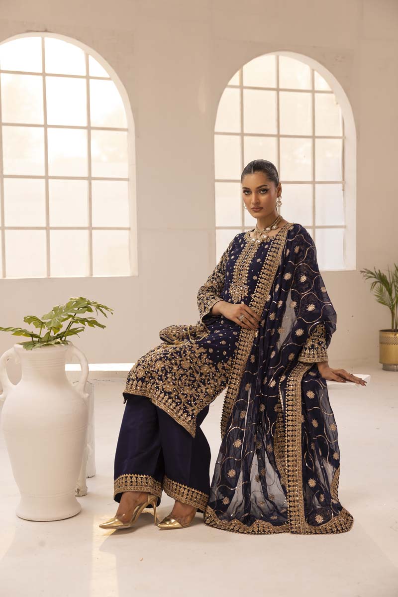 Haris Shakeel Inspired Fully Embroidered Navy 3 Piece Palazzo Outfit