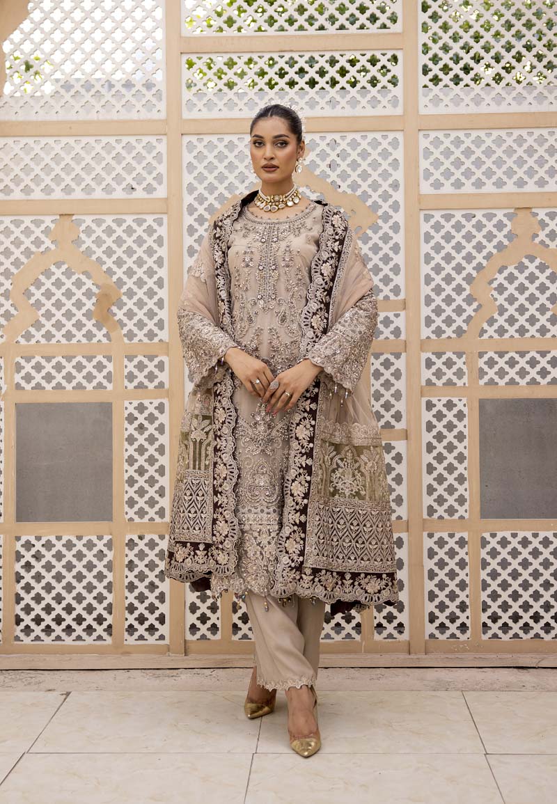 Imrozia Premium Inspired Embroidered Beige 3 Piece Wedding Outfit