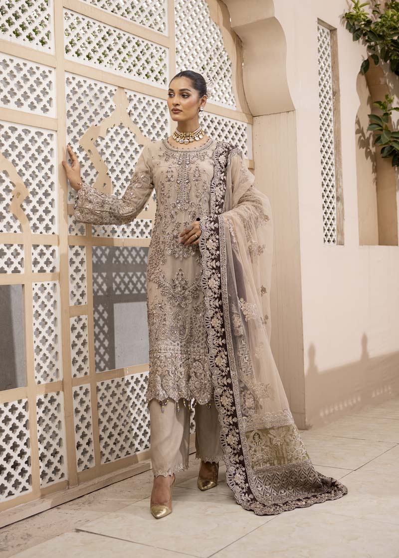 Imrozia Premium Inspired Embroidered Beige 3 Piece Wedding Outfit