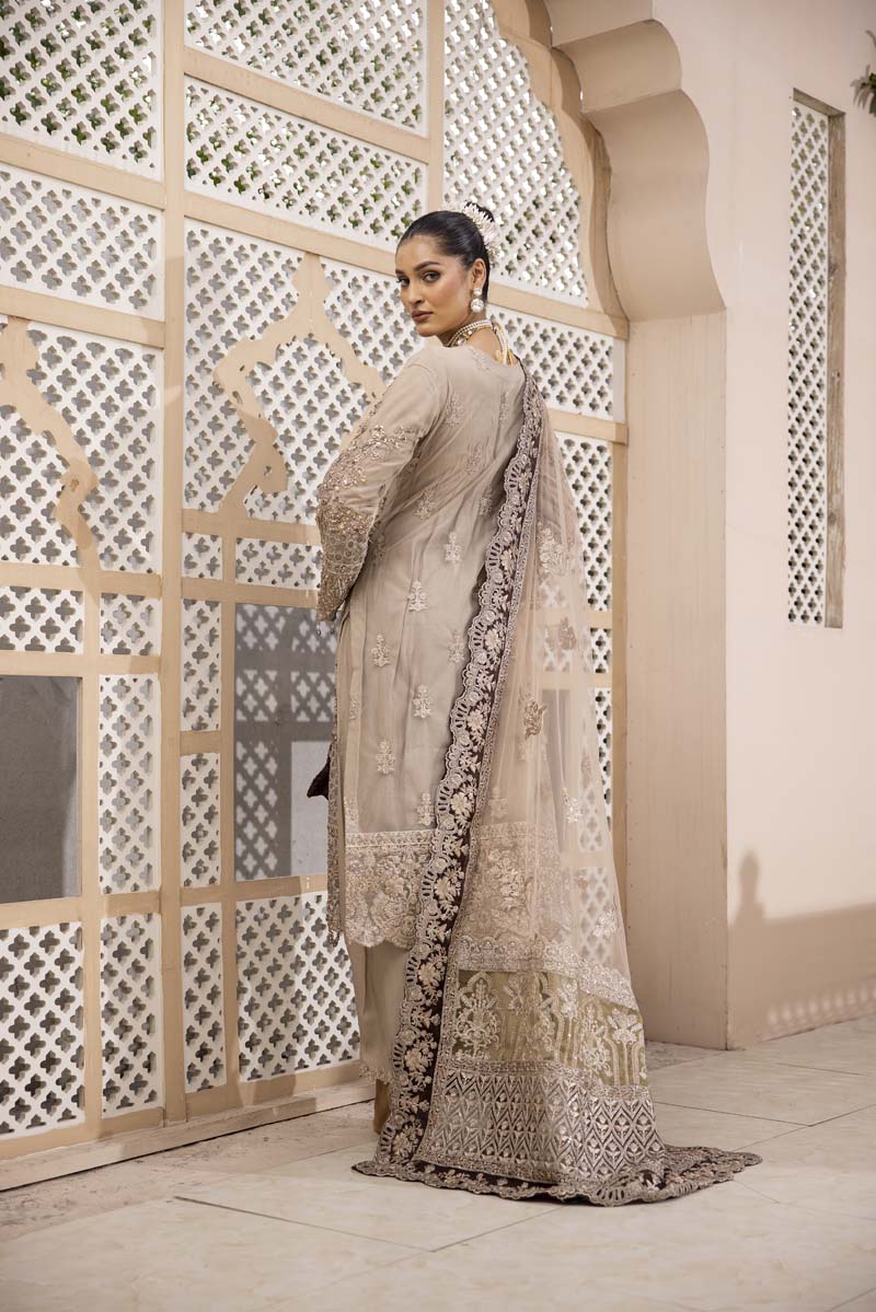 Imrozia Premium Inspired Embroidered Beige 3 Piece Wedding Outfit