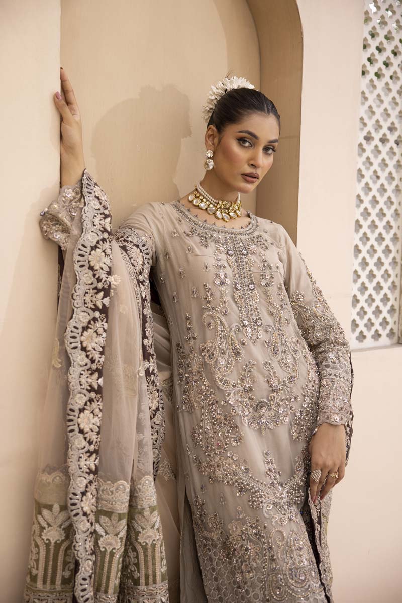 Imrozia Premium Inspired Embroidered Beige 3 Piece Wedding Outfit