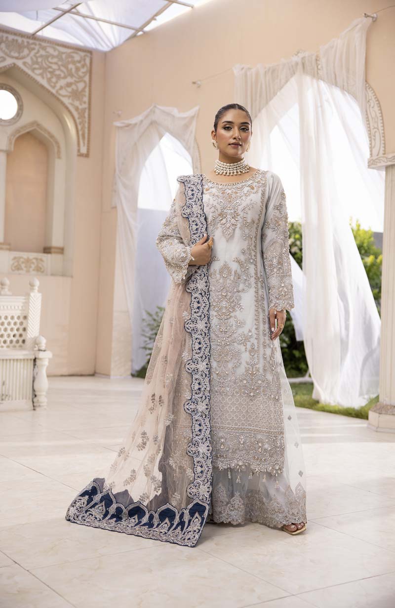 Imrozia Premium Inspired Embroidered 3 Piece Ice Wedding Outfit with Sharara Trousers